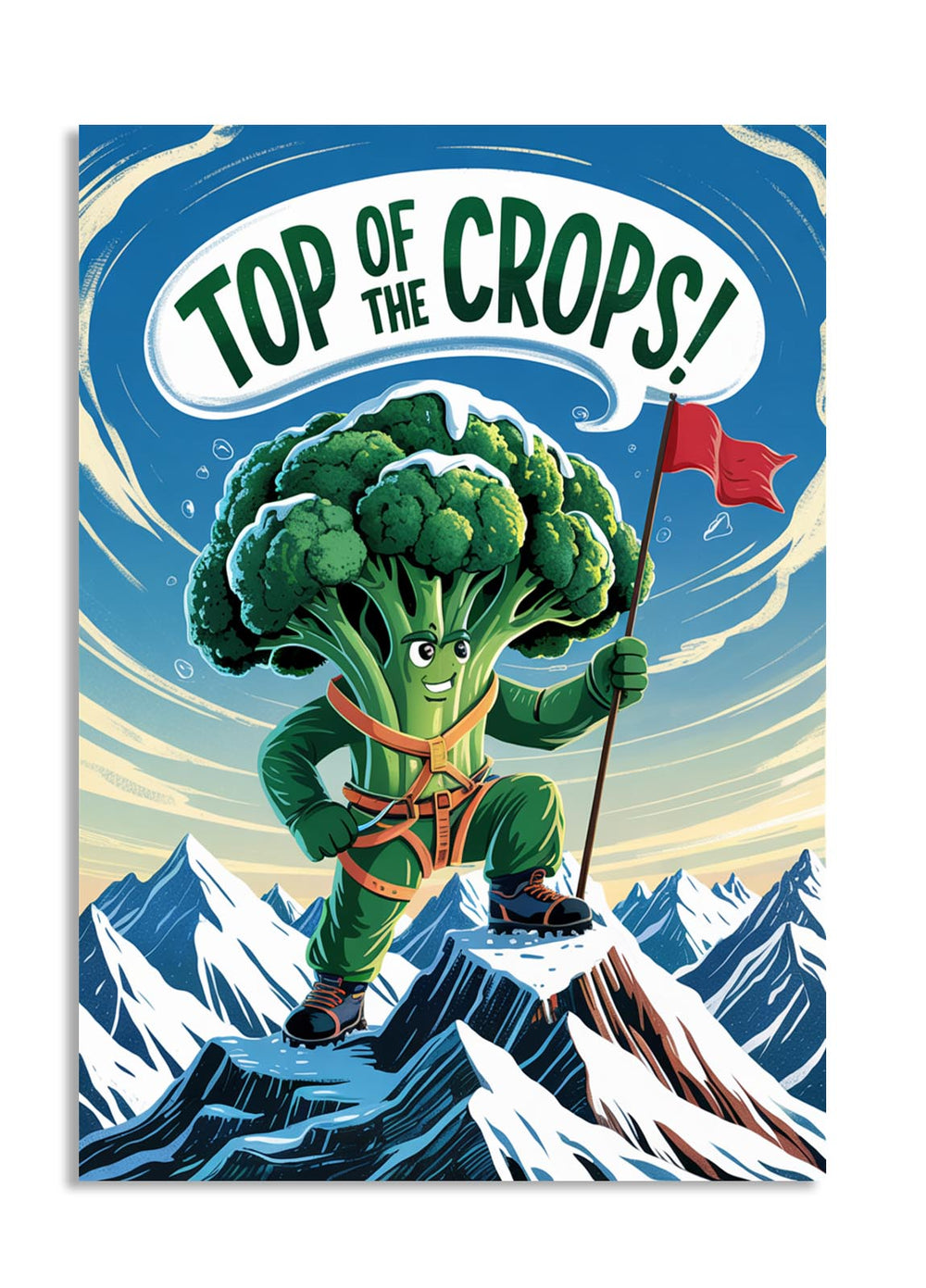 Cartoon broccoli character on a mountain peak with 'Top of the Crops!' text, as a premium aluminum metal print from GoMetalPrint.
