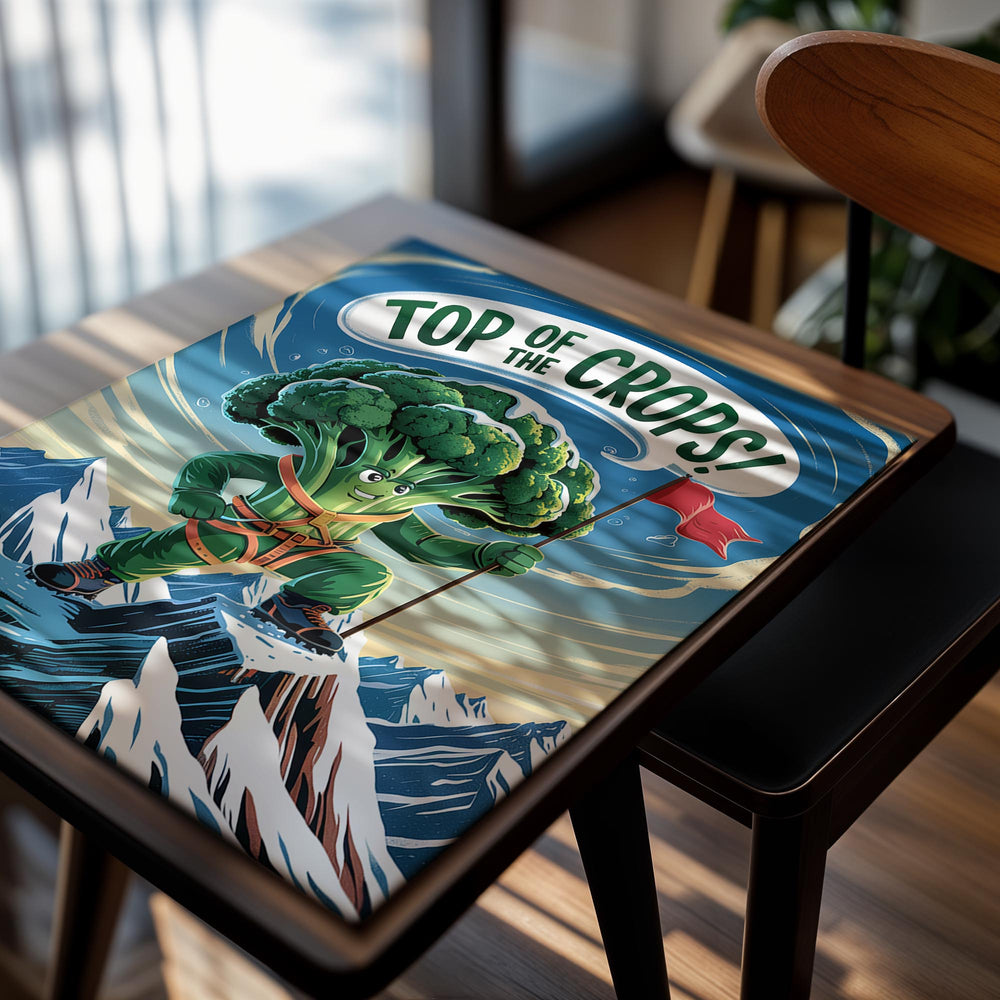Cartoon broccoli character on a mountain peak with 'Top of the Crops!' text, as a premium aluminum metal print from GoMetalPrint.
