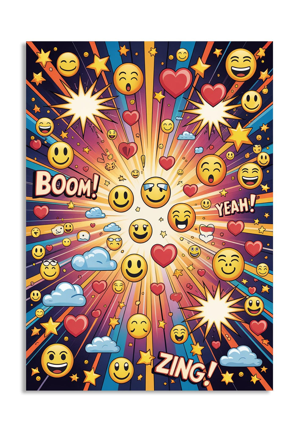 Colorful poster with various emojis and exclamation marks on a black background, as a premium aluminum metal print from GoMetalPrint.
