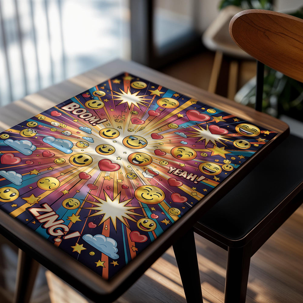 Colorful poster with various emojis and exclamation marks on a black background, as a premium aluminum metal print from GoMetalPrint.
