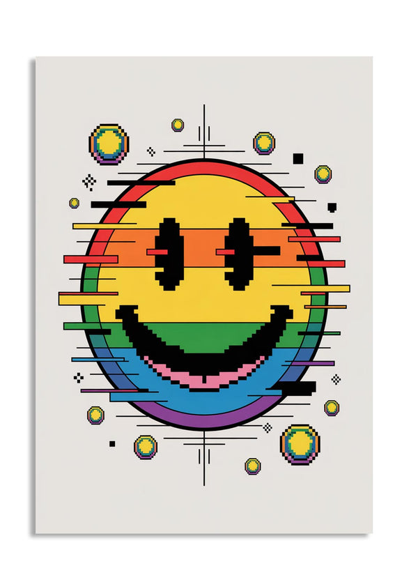 Pixelated smiley face with a rainbow design on a white background, as a premium aluminum metal print from GoMetalPrint.
