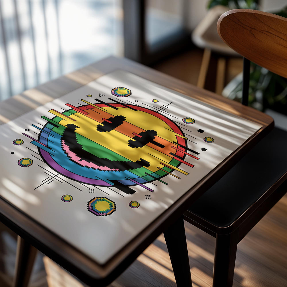 Pixelated smiley face with a rainbow design on a white background, as a premium aluminum metal print from GoMetalPrint.
