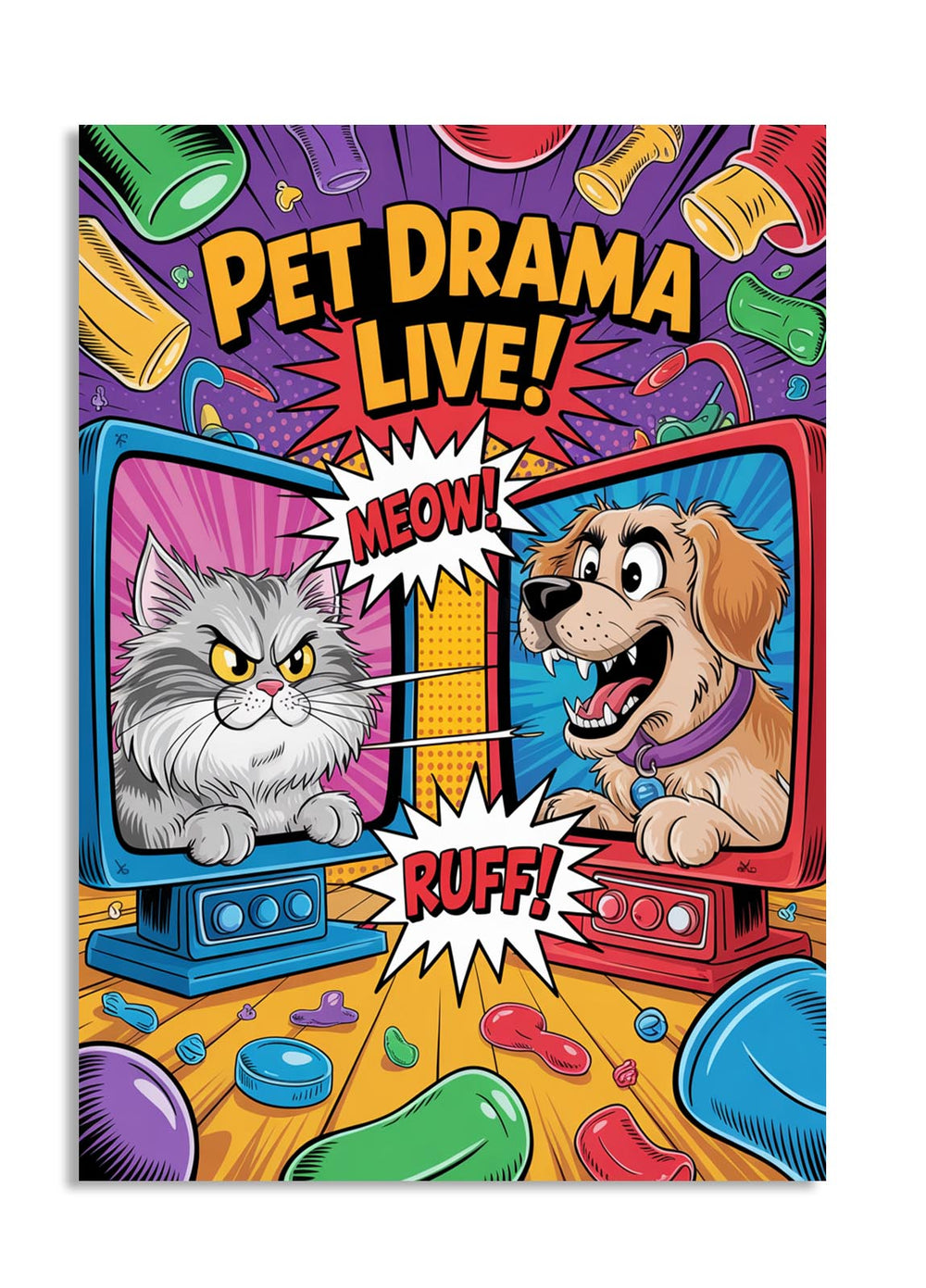 Colorful poster with cartoon cat and dog on a TV set, labeled 'Pet Drama Live!', as a premium aluminum metal print from GoMetalPrint.
