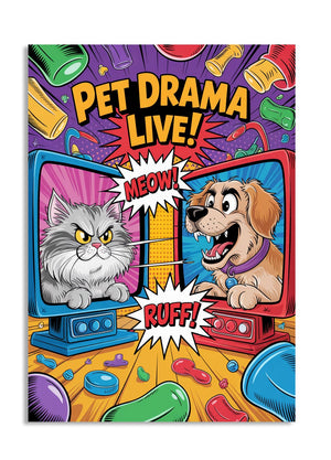 Colorful poster with cartoon cat and dog on a TV set, labeled 'Pet Drama Live!', as a premium aluminum metal print from GoMetalPrint.
