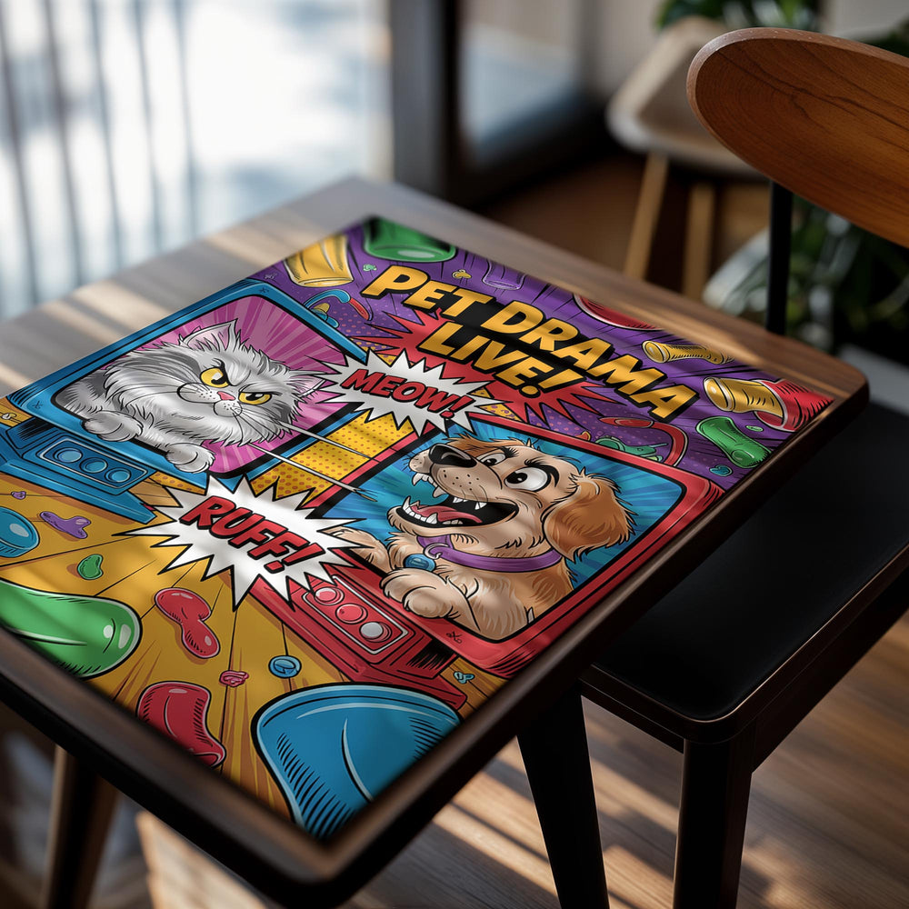 Colorful poster with cartoon cat and dog on a TV set, labeled 'Pet Drama Live!', as a premium aluminum metal print from GoMetalPrint.

