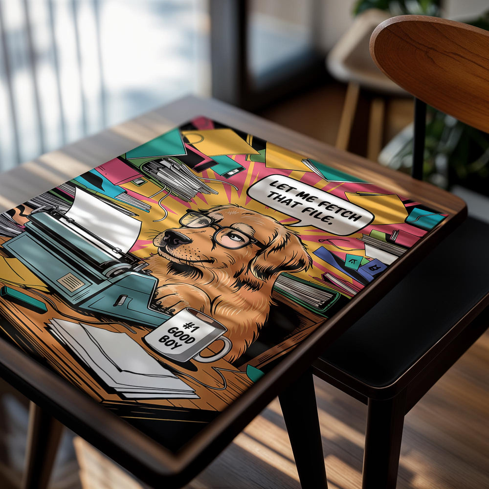 Cartoon dog with glasses at a typewriter, surrounded by office supplies and a speech bubble saying 'Let me fetch that file.', as a premium aluminum metal print from GoMetalPrint.
