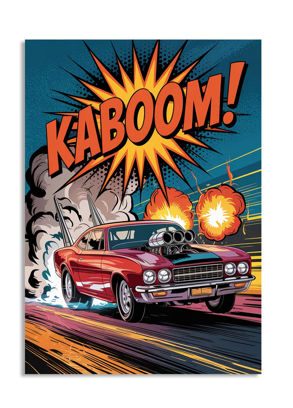 Comic-style illustration of a red car with 'KABOOM!' text and explosion effects, as a premium aluminum metal print from GoMetalPrint.
