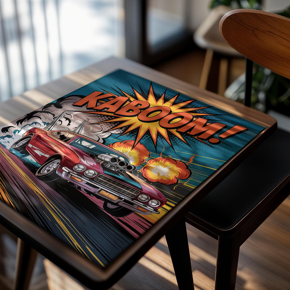 Comic-style illustration of a red car with 'KABOOM!' text and explosion effects, as a premium aluminum metal print from GoMetalPrint.
