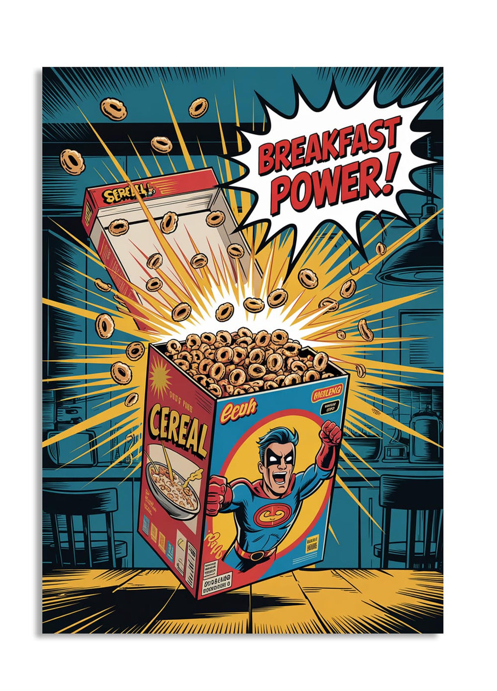 Superhero-themed cereal box with 'Breakfast Power!' text on a comic book style background, as a premium aluminum metal print from GoMetalPrint.
