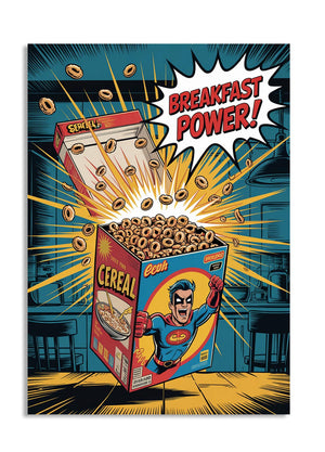 Superhero-themed cereal box with 'Breakfast Power!' text on a comic book style background, as a premium aluminum metal print from GoMetalPrint.
