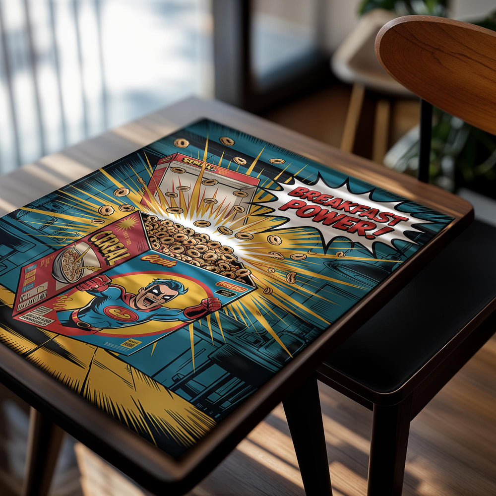 Superhero-themed cereal box with 'Breakfast Power!' text on a comic book style background, as a premium aluminum metal print from GoMetalPrint.
