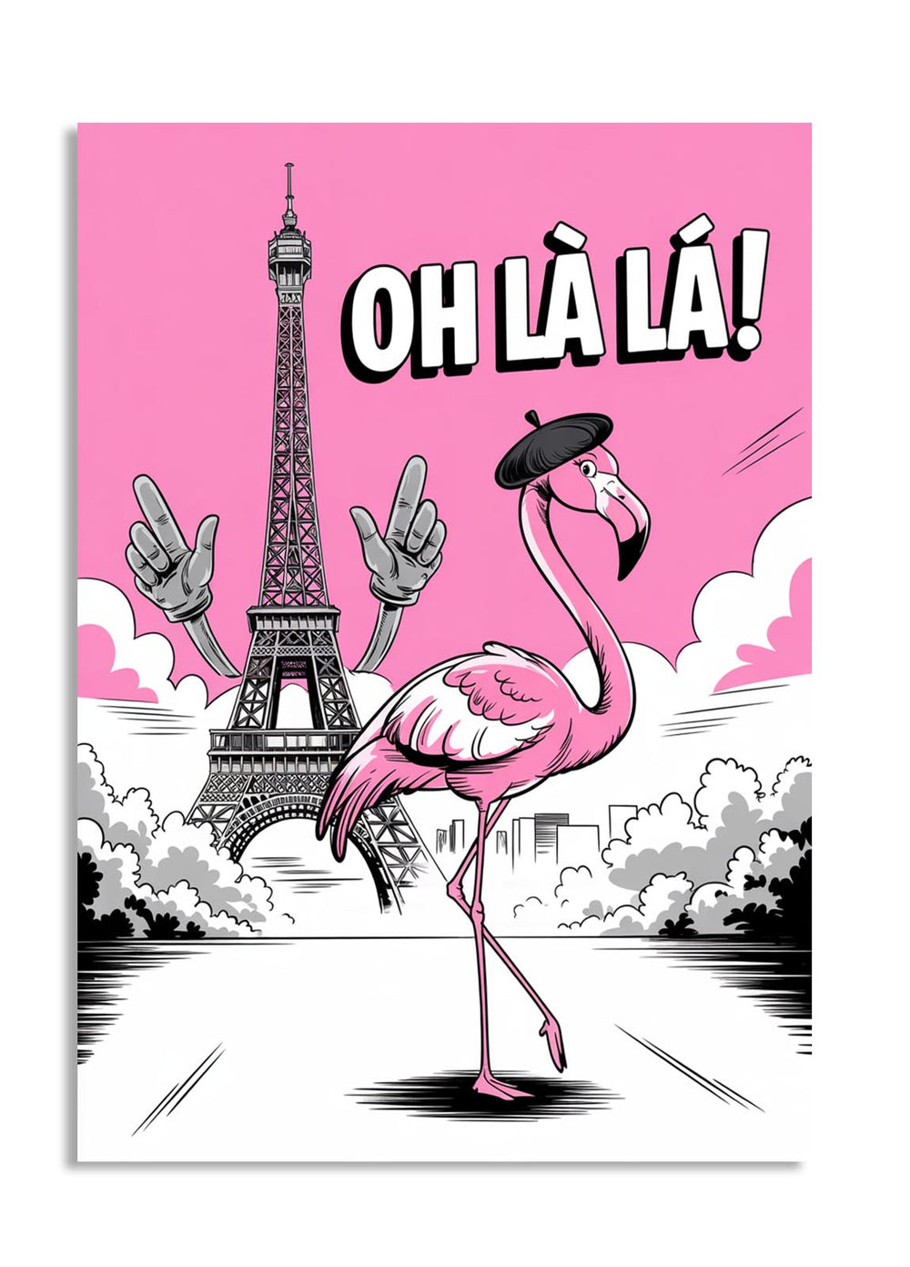 Cartoon flamingo with a beret near the Eiffel Tower on a pink background with 'OH LA LA!' text, as a premium aluminum metal print from GoMetalPrint.
