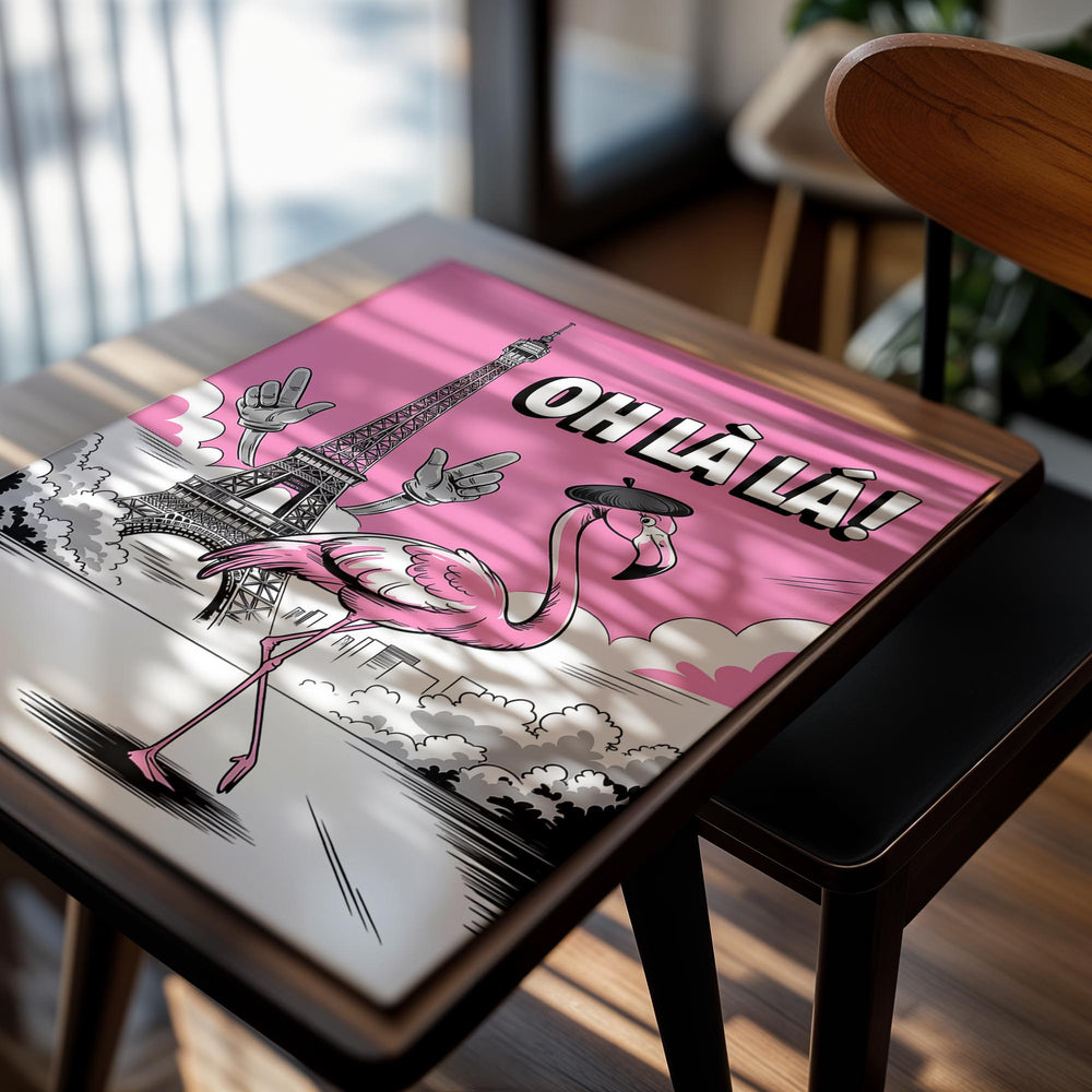 Cartoon flamingo with a beret near the Eiffel Tower on a pink background with 'OH LA LA!' text, as a premium aluminum metal print from GoMetalPrint.
