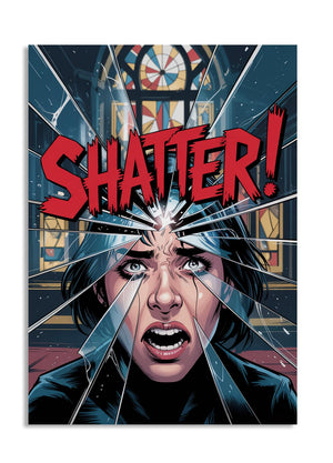 Comic book cover with a character's face through broken glass, featuring the word 'SHATTER!' in bold letters, as a premium aluminum metal print from GoMetalPrint.
