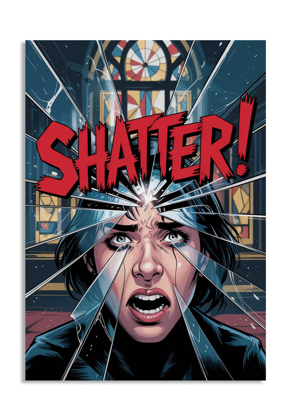 Comic book cover with a character's face through broken glass, featuring the word 'SHATTER!' in bold letters, as a premium aluminum metal print from GoMetalPrint.
