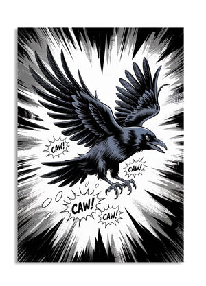 Black crow with spread wings on a black and white background, as a premium aluminum metal print from GoMetalPrint.
