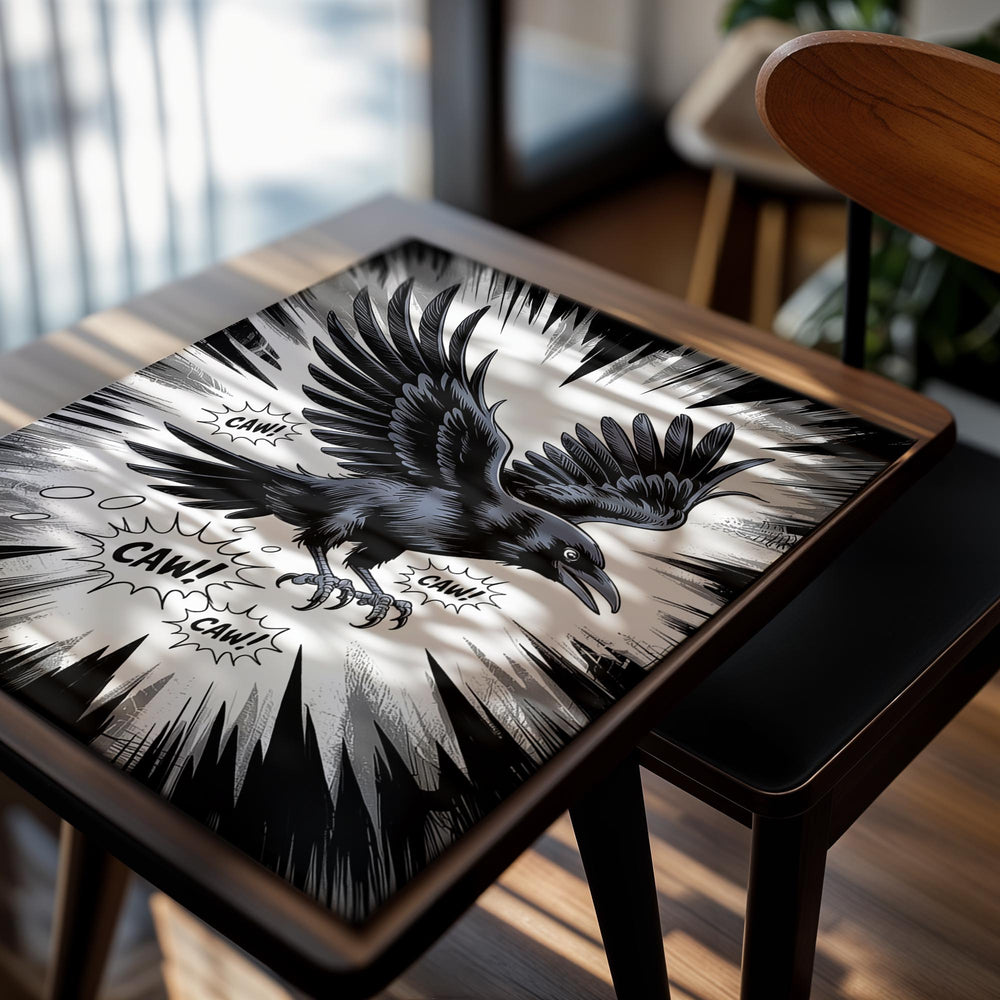 Black crow with spread wings on a black and white background, as a premium aluminum metal print from GoMetalPrint.
