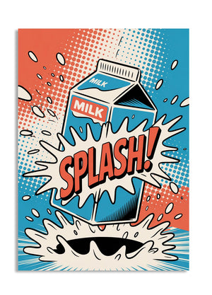 Cartoon milk carton with 'SPLASH!' text on a colorful background, as a premium aluminum metal print from GoMetalPrint.
