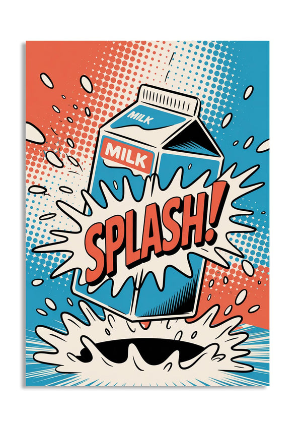 Cartoon milk carton with 'SPLASH!' text on a colorful background, as a premium aluminum metal print from GoMetalPrint.
