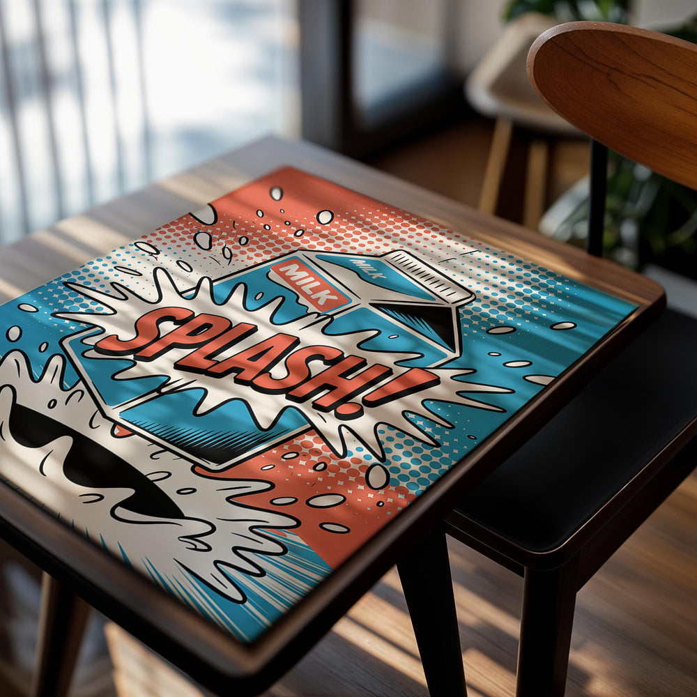 Cartoon milk carton with 'SPLASH!' text on a colorful background, as a premium aluminum metal print from GoMetalPrint.
