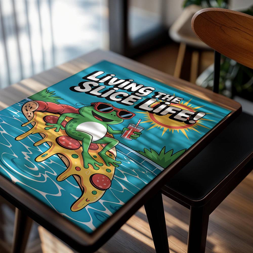 Cartoon frog on a pizza slice with sunglasses and a drink, text 'Living the Slice Life!' above, pool background, as a premium aluminum metal print from GoMetalPrint.
