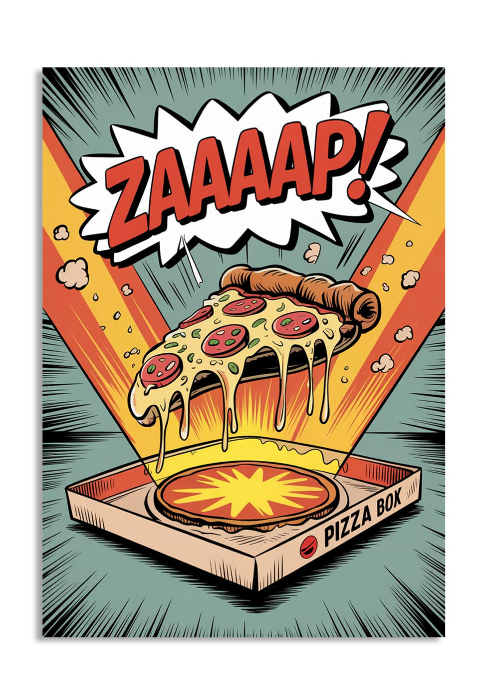 Comic-style pizza in a box with 'ZAAAAAP!' text on a colorful background, as a premium aluminum metal print from GoMetalPrint.
