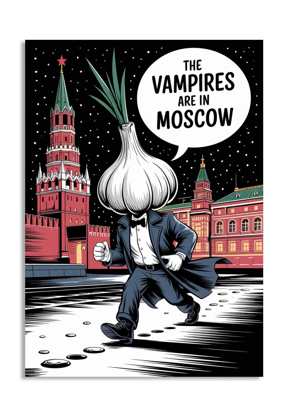 Cartoon character with an onion head in a suit in front of a Moscow cityscape with a speech bubble saying 'The Vampires are in Moscow', as a premium aluminum metal print from GoMetalPrint.
