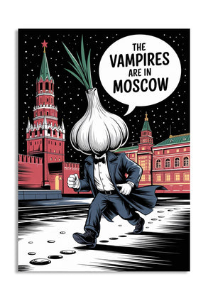 Cartoon character with an onion head in a suit in front of a Moscow cityscape with a speech bubble saying 'The Vampires are in Moscow', as a premium aluminum metal print from GoMetalPrint.
