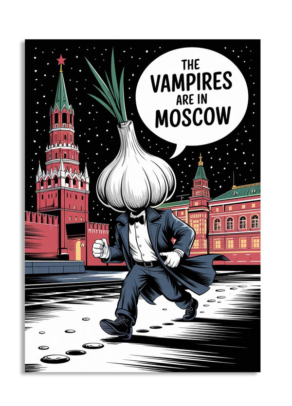 Cartoon character with an onion head in a suit in front of a Moscow cityscape with a speech bubble saying 'The Vampires are in Moscow', as a premium aluminum metal print from GoMetalPrint.
