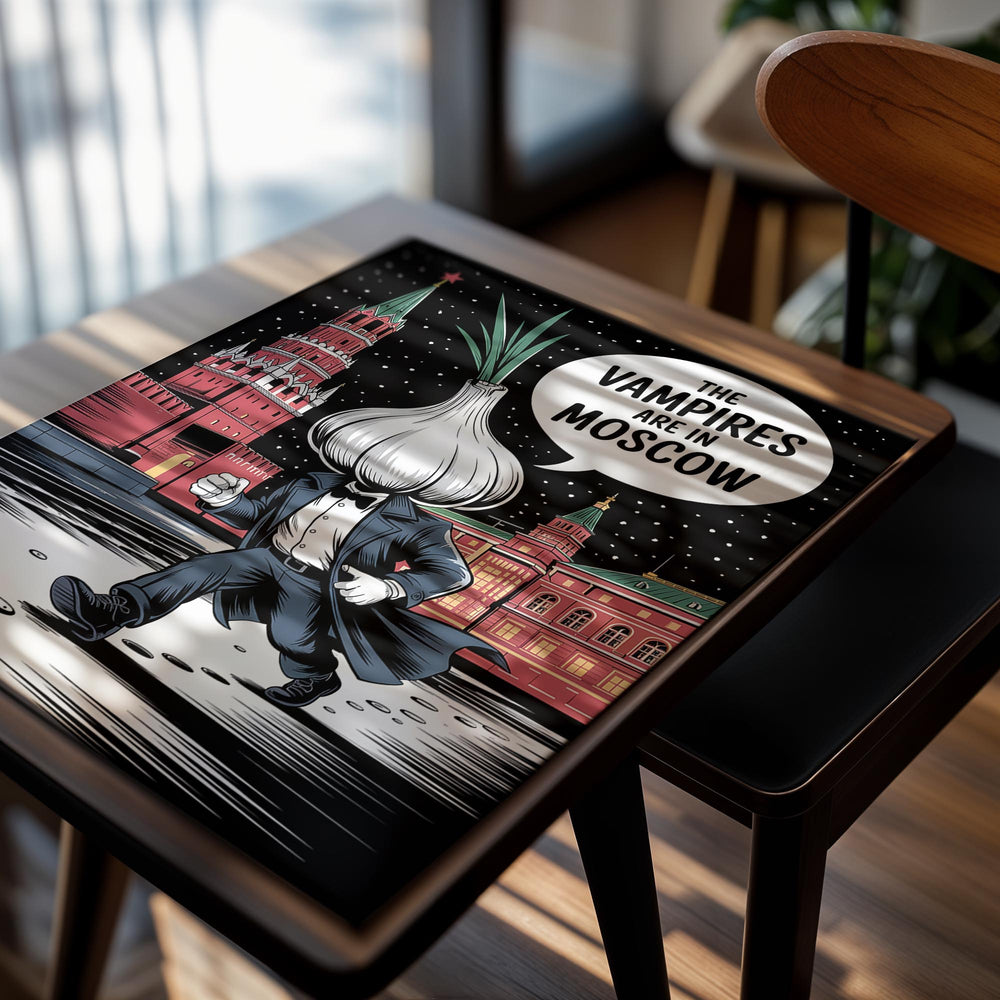 Cartoon character with an onion head in a suit in front of a Moscow cityscape with a speech bubble saying 'The Vampires are in Moscow', as a premium aluminum metal print from GoMetalPrint.

