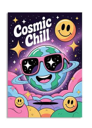 Colorful poster with 'Cosmic Chill' text, a smiling planet, and smiley faces on a dark purple background, as a premium aluminum metal print from GoMetalPrint.
