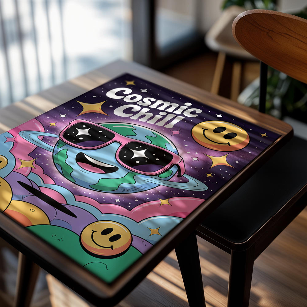 Colorful poster with 'Cosmic Chill' text, a smiling planet, and smiley faces on a dark purple background, as a premium aluminum metal print from GoMetalPrint.

