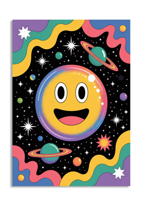 Colorful poster with a smiley face design set against a space-themed background, as a premium aluminum metal print from GoMetalPrint.
