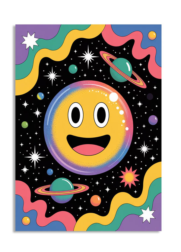 Colorful poster with a smiley face design set against a space-themed background, as a premium aluminum metal print from GoMetalPrint.
