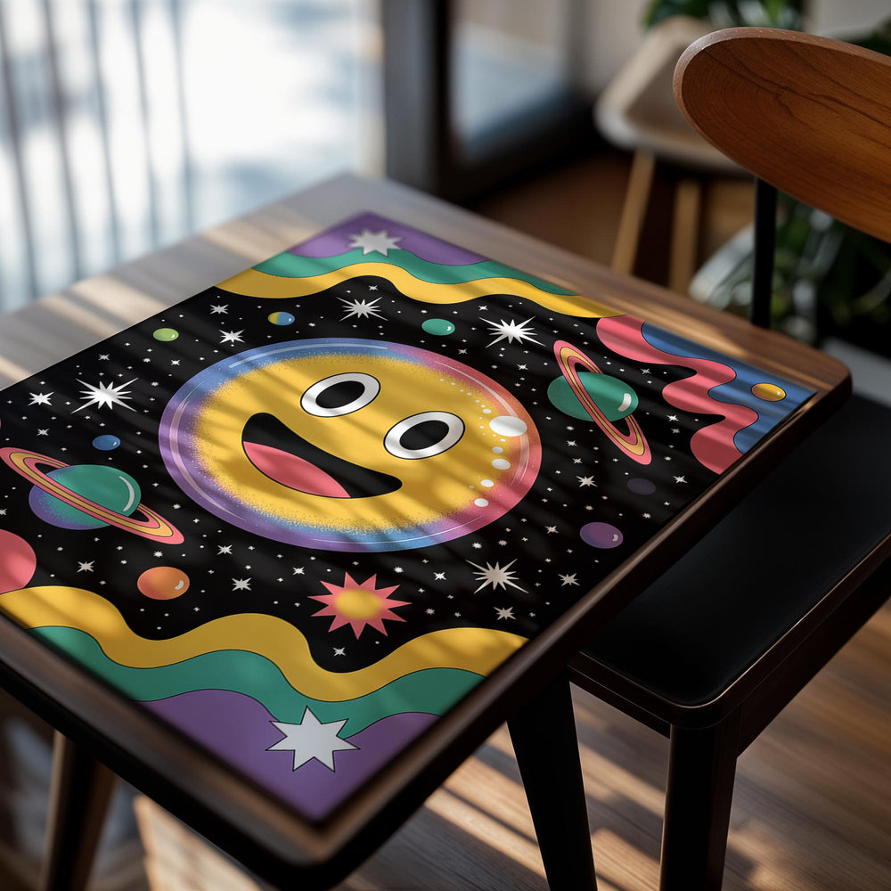 Colorful poster with a smiley face design set against a space-themed background, as a premium aluminum metal print from GoMetalPrint.
