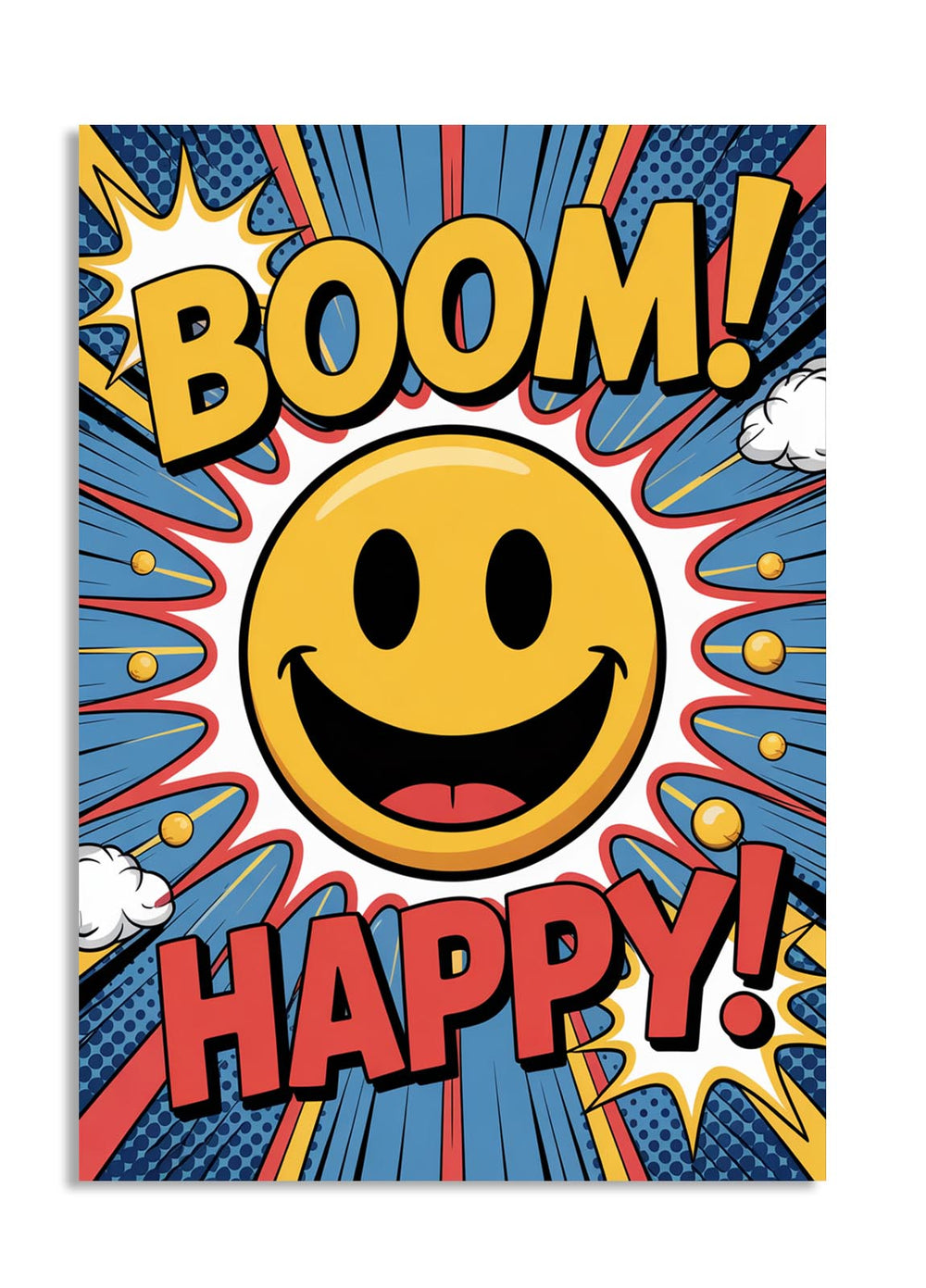 Comic-style poster with a smiley face and 'BOOM! HAPPY!' text on a blue background, as a premium aluminum metal print from GoMetalPrint.
