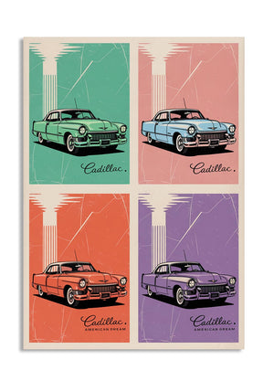 Four vintage Cadillac cars in different colors on a poster design, as a premium aluminum metal print from GoMetalPrint.
