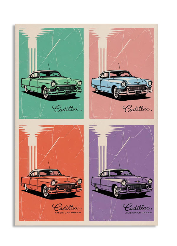 Four vintage Cadillac cars in different colors on a poster design, as a premium aluminum metal print from GoMetalPrint.
