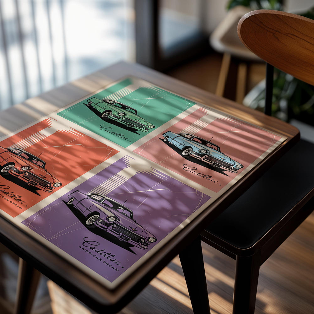Four vintage Cadillac cars in different colors on a poster design, as a premium aluminum metal print from GoMetalPrint.
