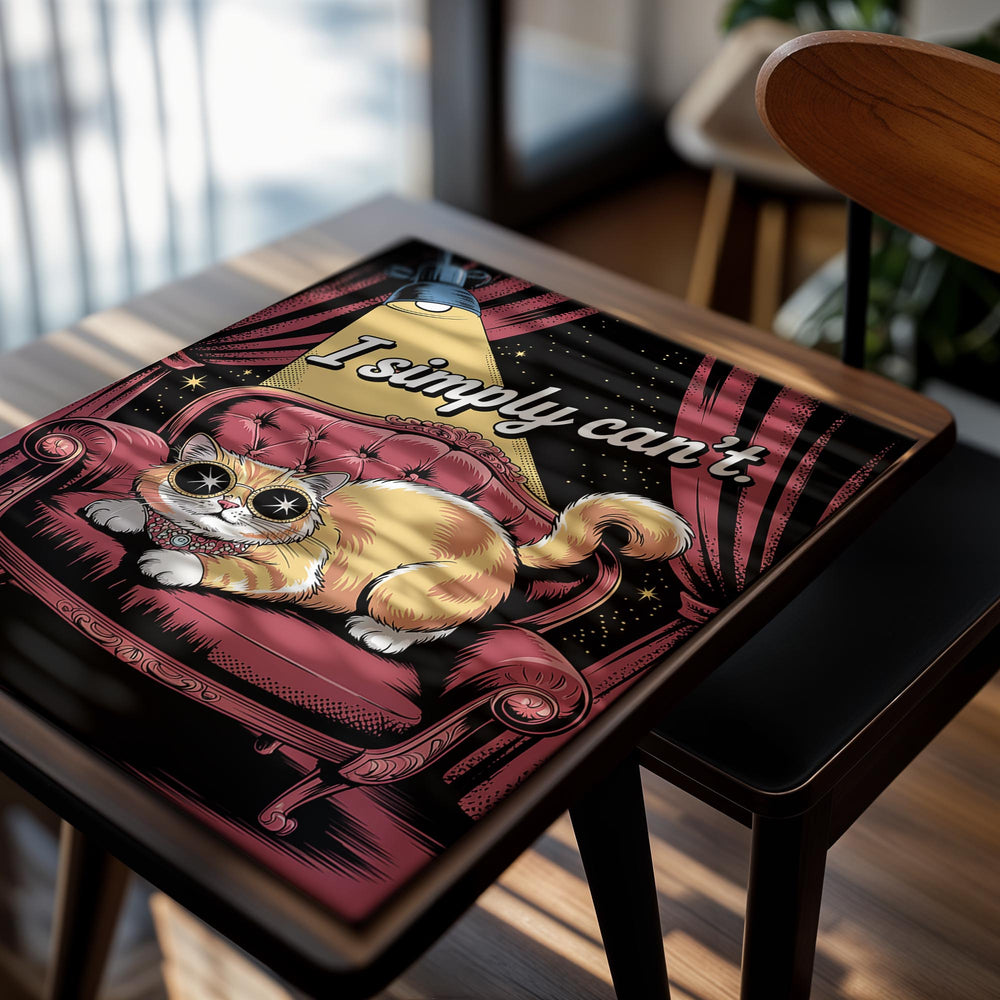 Cat on a red chair with sunglasses and 'I simply can't' text under a yellow lampshade, as a premium aluminum metal print from GoMetalPrint.
