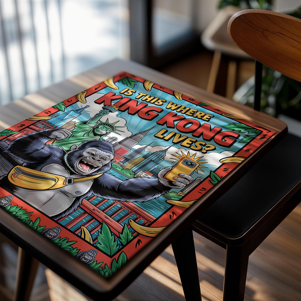 Book cover of 'Is This Where King Kong Lives?' with a colorful illustration of a gorilla, statue of liberty, and cityscape, as a premium aluminum metal print from GoMetalPrint.
