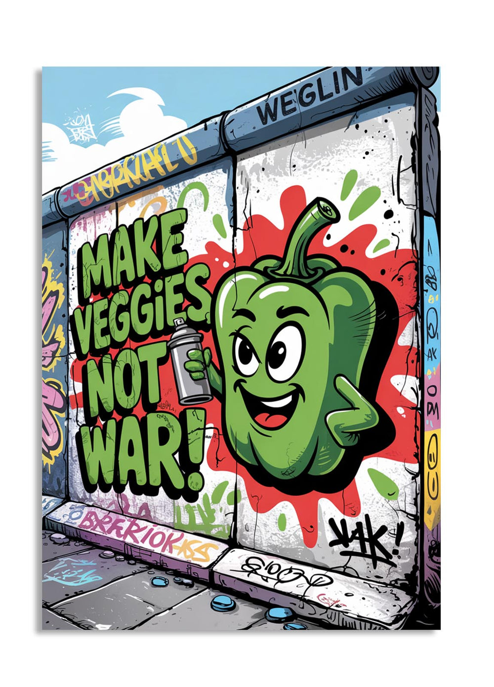 Cartoon green bell pepper holding a spray can with 'MAKE VEGGIES NOT WAR!' text on a graffiti-style background, as a premium aluminum metal print from GoMetalPrint.
