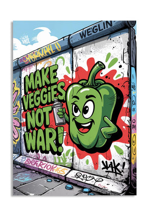 Cartoon green bell pepper holding a spray can with 'MAKE VEGGIES NOT WAR!' text on a graffiti-style background, as a premium aluminum metal print from GoMetalPrint.
