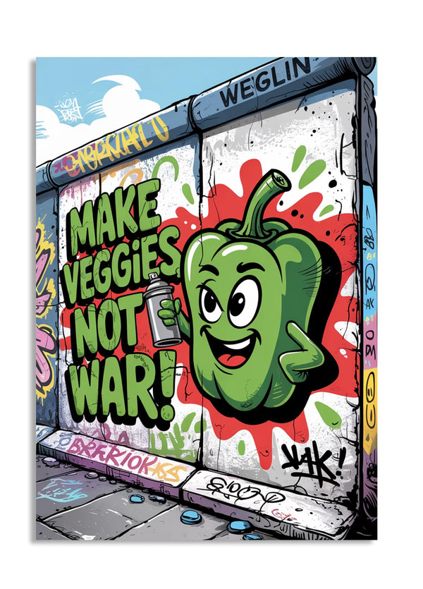 Cartoon green bell pepper holding a spray can with 'MAKE VEGGIES NOT WAR!' text on a graffiti-style background, as a premium aluminum metal print from GoMetalPrint.

