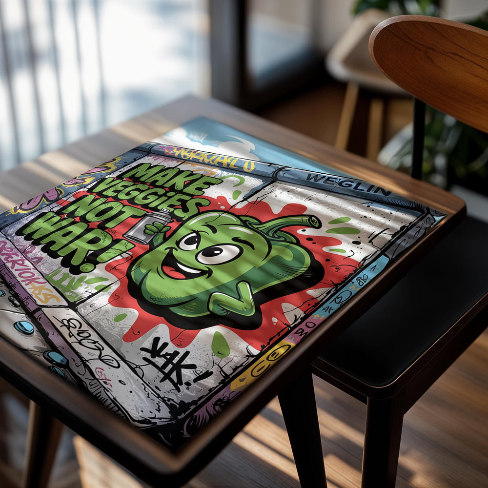 Cartoon green bell pepper holding a spray can with 'MAKE VEGGIES NOT WAR!' text on a graffiti-style background, as a premium aluminum metal print from GoMetalPrint.
