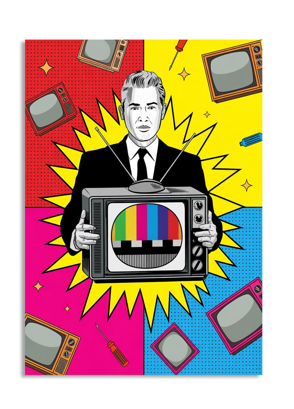 Man holding a vintage TV with a colorful screen against a multicolored background, as a premium aluminum metal print from GoMetalPrint.
