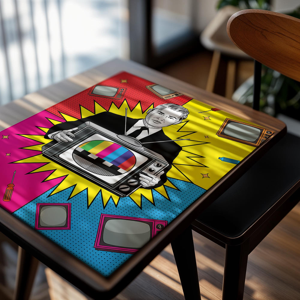 Man holding a vintage TV with a colorful screen against a multicolored background, as a premium aluminum metal print from GoMetalPrint.
