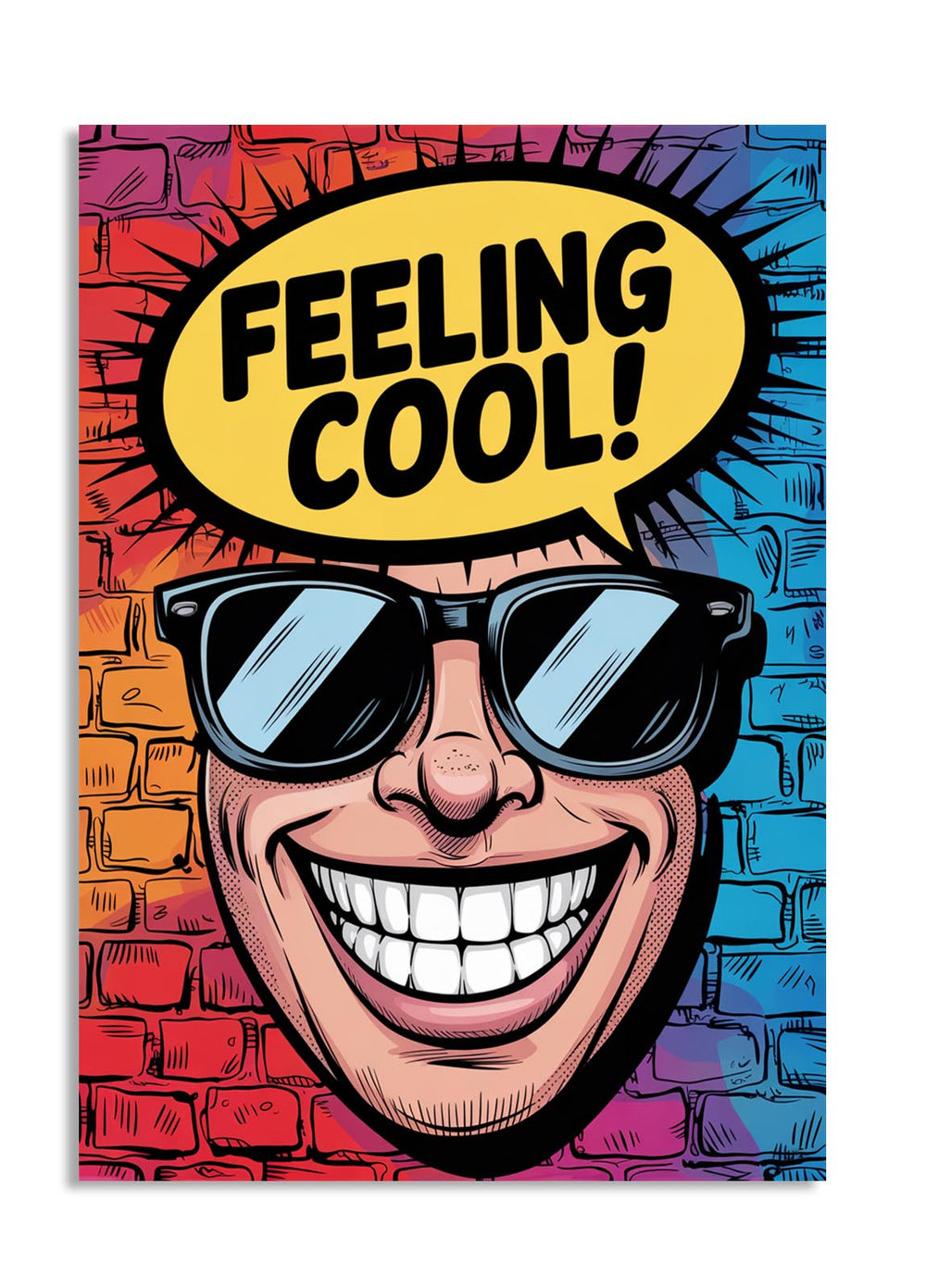 Cartoon character with sunglasses and 'Feeling Cool!' text against a colorful brick wall background, as a premium aluminum metal print from GoMetalPrint.
