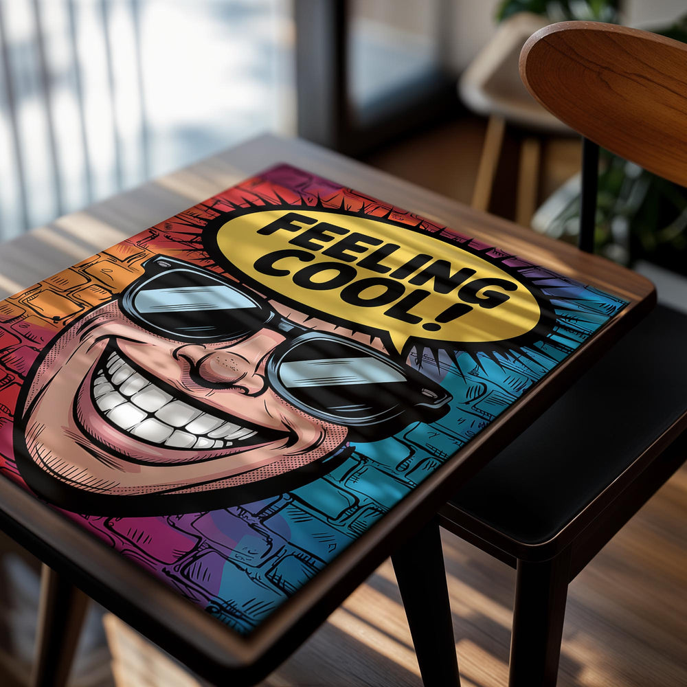 Cartoon character with sunglasses and 'Feeling Cool!' text against a colorful brick wall background, as a premium aluminum metal print from GoMetalPrint.
