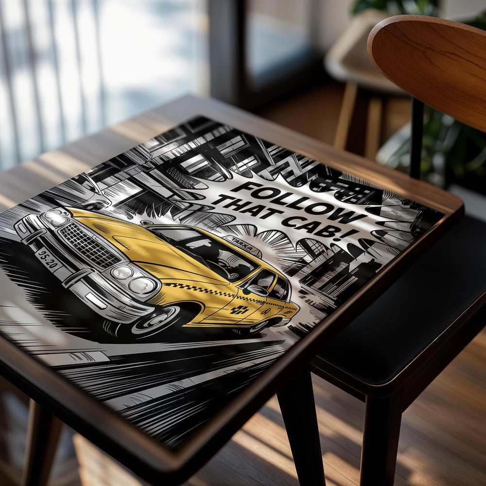 Comic-style illustration of a yellow taxi with 'Follow That Cab!' text on a city street , as a premium aluminum metal print from GoMetalPrint.
